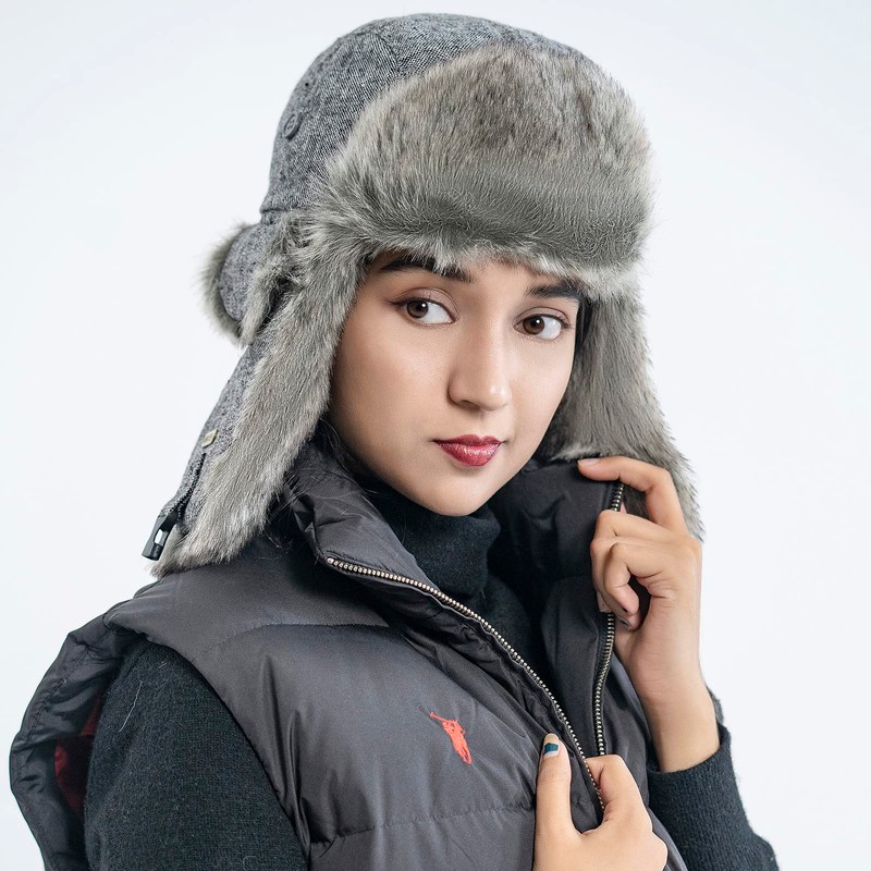 HEYANN Winter Trapper Hat with Ear Flaps Grey Trooper Ushanka