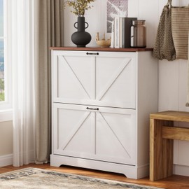 Semiocthome Farmhouse Shoe Storage Cabinet with 2 Flip Drawers, 31.5"(W) Freestanding Shoe Organizer with Barn Door and Metal Handles for Entryway, Corner Rustic Narrow Shoe Rack Cabinet - White