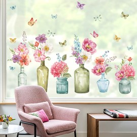 wondever Spring Summer Flowers Window Stickers Floral in Jars Butterflies Glass Decal Clings Anti Collision Double-Side Static Window Decals for Home Glass Window