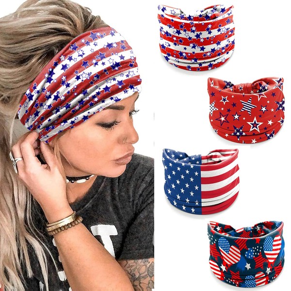 4 Pack July 4th Patriotic Headbands for Women - American