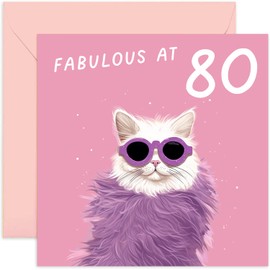 Old English Co. Funny Cat 80th Birthday Card for Her - 'Fabulous at 80' Eightieth Birthday Card for Women - For Sister, Auntie, Mum, Best Friend, Cousin | Blank Inside Envelope…