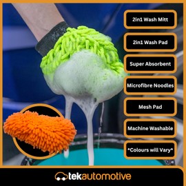 Tek Automotive Twin Pack 2-in-1 Microfibre Wash Mitt & Pad Set – Soft Noodle & Mesh Combo for Lifting Dirt, Grime & Bugs – Larger Size for Superior Car Cleaning