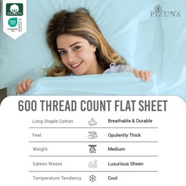 Pizuna 100% Cotton Sheet Set Twin XL Size Baby Blue, 600 Thread Count Long Staple Cotton Sateen Weave Crisp Sheet & Pillowcase Set, Deep Pocket Sheets Fits 15" (Combed Cotton Bed Sheet Set -3PC)