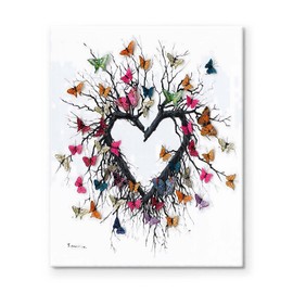 Valentine's Day Canvas Wall Art Decor - Heart-Shaped Tree Branches with Colorful Butterflies Design, Romantic Love Artwork for Bedroom or Living Room, Wall Art Decoration for Couples 11X14 inch