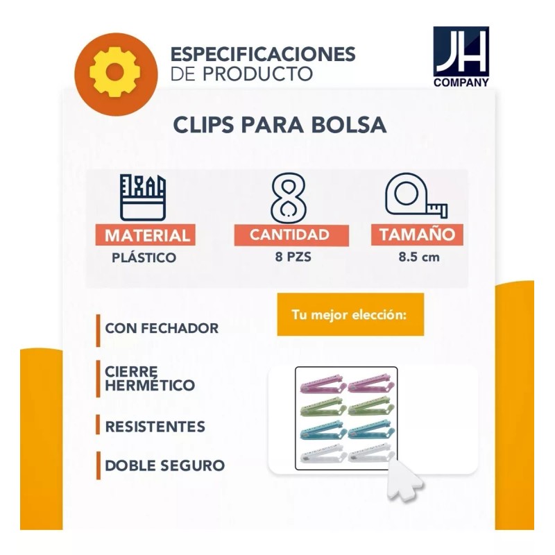 J.H. Company Set 8 Pcs Clips Sellado De Bolsa Alimentos