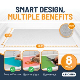 Refrigerator Liners for Shelves (8 Pack) by Linda’s Essentials - Non-Adhesive Shelf or Drawer Liner, BPA-Free Fridge Mats for Kitchen & Cabinets, Easy to Clean, Ideal Household Essentials(Multi Color)