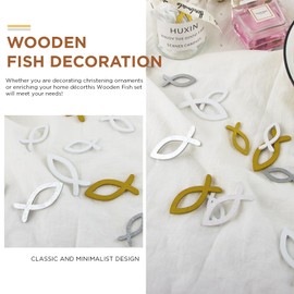 ZoneYan Wooden Fish Communion Scatter Decoration, Table Decoration Confirmation, Pack of 100 Decorative Fish White Gold Silver, Christening Fish Decoration Scatter Decoration, Christening Decoration