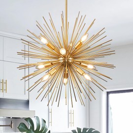FookChak 24in Gold Sputnik Chandelier 9-Light Starburst Chandelier Light Fixture Solid Metal Mid-Century Modern Satellite Light Fixture for Dining Room Bedroom Bathroom Entryway Kitchen Island