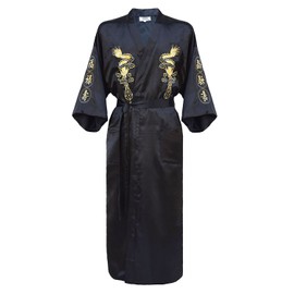 Bon amixyl Men’s Dressing Gown Bathrobe Satin Silk Bath Robe Kimono Gown Dragon Embroidery Yukata Hakma Vintage Black