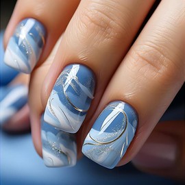 AZTSYT Short Press on Nails Square Fake Nails Acrylic False Nails with Blue White Gradient Designs Gold Line Glue on Nails Glossy Artificial Nails Summer Cute Stick on Nails for Women 24Pcs
