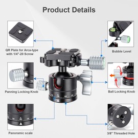 Koolehaoda Mini Ball Head, Tripod Head Camera 360° Panoramic CNC Metal Ball Head with 1/4" Screw Arca-Type QR Plate for Tripod,Slider and DSLR Cameras, Max Load 22lb / 10kg -(E1)