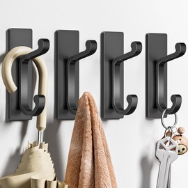 Qiuzido Self Adhesive Wall Hooks Black, Sticky Hangers Wall Mount, Holds 10Lbs for Clothes, Towel, Robes, Keys, Double Hooks for Bathroom, Bedroom and Door, 4 Pack.