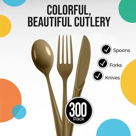 Gold Plastic Silverware Heavy Duty 300 Pcs Gold Plastic Cutlery Sets, Utensil Sets, 100 Of Each Forks, Knives & Spoons Disposable Cutlery Set, Flatware Set For Party Supplies Exquisite