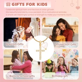 MEALGUET Delicate Cross Necklace for Girls : Gold Plated Pearl Heart Cubic Zirconia Cross Chain Necklace Christening Jewelry Baptism First Communion Confirmation Easter Gifts Teen Kids Little Girl