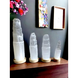 ProHome Selenite Crystal White Light USB LED Lamp Wooden Base Natural Selenite Spiritual Energy Healing Meditation Recharge Crystal Mountain Tower Lamp Home Decoration Gift (15cm)