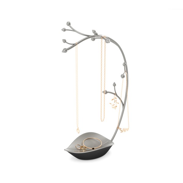 Umbra Orchid Jewelry Organizer and Necklace Holder with Built-In Dish for Rings, Earrings, and Bracelets, Gun Metal