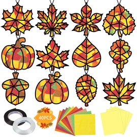 Renbuzhu 40PCS Fall Crafts for Kids Bulk: Leaves Pumpkins Paper Suncatchers DIY Kit for Autumn Thanksgiving Activities Decorations, Window Stained Glass Effect Art Supplies(Black Frame)