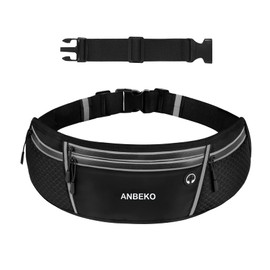 ANBEKO Running belt for Men Women with Extender Large Capacity Runner Waist Pack with 4 PocketsHiking Travel Camp Running Workout Belt BagReflective No Bounce Waist BagEasy Carry Large Phones black