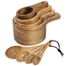 Wooden Measuring Cups and Spoons Set - Eco-Friendly Solid Acacia Wood, Laser Engraved Measurements for Precision, Perfect for Baking & Cooking, Ideal Gift for Bakers, Chefs & Home Cooks (Brown)