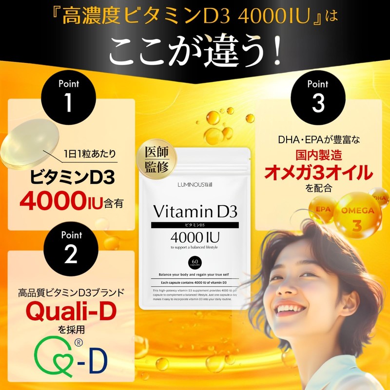 【高濃度ビタミンD3を1粒4000IU配合ｘオメガ3】 ビタミンd サプリ ビタミンd3 【医師監修】120日分【Quali-D100%使用】国内製造 (2袋) ルミナスウィル