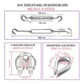 Leaum Pack of 10 Turnbuckles M8 Wire Tensioner Set with Stainless Steel Turnbuckle M8, Wire Rope Clamp 8 mm Stainless Steel and Wire Rope Thimbles 8 mm for Tightened Rope