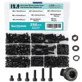 GuoYomm 390 PCS M5 x 8mm 12mm 16mm 20mm 25mm 30mm, Hex Socket Head Cap Screws Bolts Washers Nuts Assortment Kit, 12.9 Grade Alloy Steel, Black Oxide Finish, Metric Allen Drive, Fully Threaded