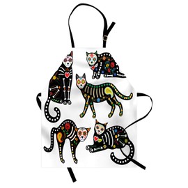 Ambesonne Sugar Skull Apron, Calavera Inspired Ornate Black Cats Mexican Style Holiday The Day of The Dead, Unisex Kitchen Bib with Adjustable Neck for Cooking Gardening, Adult Size, Black White