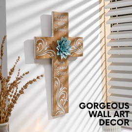 BAYSBAI Cross Wall Decor With Metal Flower - Bless Our Family Cross Decor, Bead Crafts - Religious, Spiritual, Christian, Crucifix, Orthodox Home Decoration - Weathered Wood Look Art Sculpture