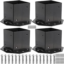 HAKZEON 4 Packs 4 x 4 Inches Fence Post Base, Metal Brackets Post Bases with 16 Expansion Screws and 32 Screws, Sturdy Post Base Anchor for Wooden Fence Railing Handrail Deck Porch Support, Black