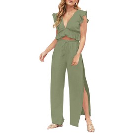 FANCYINN Womens 2 Pieces Outfits Deep V Neck Crop Top St Patricks Day Shirt Side Slit Drawstring Wide Leg Pants Set Jumpsuits Olive Green L