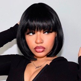 ToyoTress Short Bob Wigs With Bangs - 10 Inch Jet Black Yaki Straight Hair Daily Costume Wig For Black Women, Soft Light Synthetic Hair Replacement Wigs Heat Resistant (10 Inch, #1-613H)