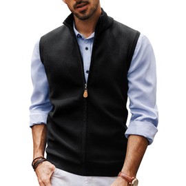 Mens Sleeveless Sweater Vest Zip Up Classic Stand Collar Knitted Sweater Vest for Office Black
