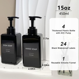 Black Soap Dispenser with Waterproof Labels, 15oz Plastic Hand Soap Dispenser for Bathroom, Thickened Plastic Dish Soap Dispenser, Shampoo and Conditioner Bottles with Funnel, 4 Pack