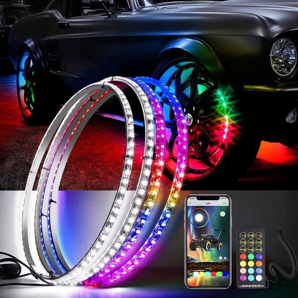 AddSafety Wheel Ring Lights RGBW Pure White Chasing Color 17inch Single Row Wheel Rim Lights Car Tire Lights w/Turn Signal and Braking Function fit for Car Pickup Vehicle Offroad -4PCS