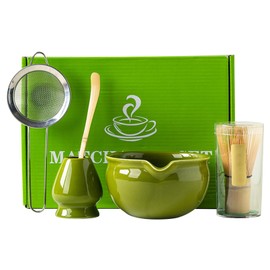 5Pcs Matcha Whisk Set, Ceramic Matcha Bowl and Bamboo Matcha Whisk, Scoop, Sifter, Whisk Holder Matcha Kit for Matcha Tea Ceremony Green
