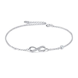 Infinity Ankle Bracelet for Women, 925 Sterling Silver Charm Adjustable Anklet 9+2''(D-white Crystal_april Birthstone)