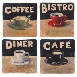 Ganz Decorative Square Coaster for Beverages Drinks 4 x 4 Inch Flax Fibers Caffeination Station Assorted Set of 4
