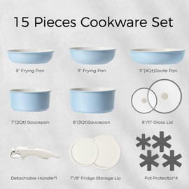 SODAY 15Pcs Pots and Pans Set Non Stick, Cookware Sets with Detachable Handle, Nonstick RV Kitchen Cooking Tools Removable Handles, Oven Safe, Induction Fast, Stackable Induction Cookware, Blue