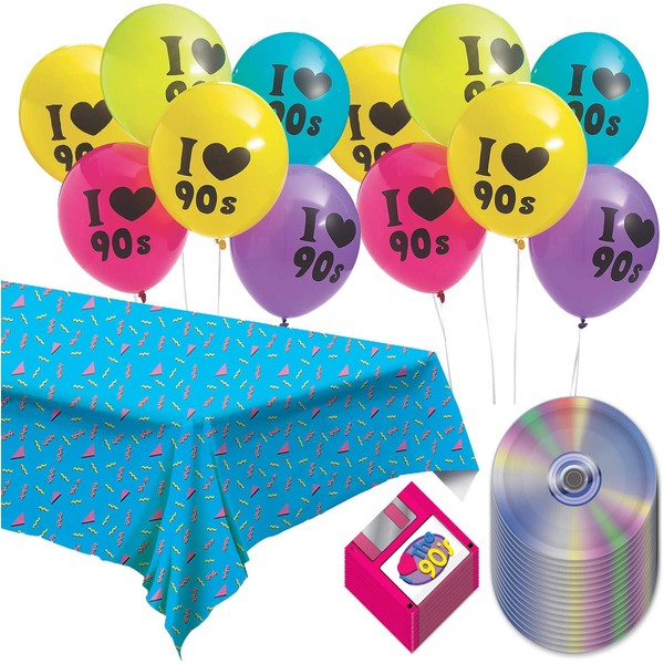 90's Party Supplies - Party Pack of Floppy Disk Napkins, CD Paper Plates, 90's Tablecover, and 90's Balloons (Serves 16)