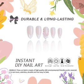 Flower Press on Nails Medium Almond MABKJLF Pink French Tip Fake Nails False Nails with Designs Bow Butterfly Floral Glossy Glue on Nails Acrylic Nails Stick on Nails for Women Girls 24 Pcs