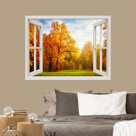 IDEA4WALL Removable Wall Sticker/Wall Mural Vibrant Autumn Fall Orange Tree Field Nature Wilderness Photography Modern Art Rustic Landscape Colorful for Living Room, Bedroom, Office - 24"x32"