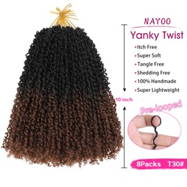 NAYOO Pre-Looped Yanky Twist Crochet Hair - 10 Inch 8 Packs (30 Stands/Pack) Spring Mini Twist Short Bob Passion Twist with Curly Ends Synthetic Pre-Looped Crochet Hair for Black Women(10 Inch, T30)