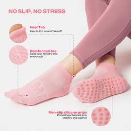 COOLMATE Pilates Socks with Grips for Women, Yoga Socks, Crew Non Slip Socks Women for Workout, Barre, Pilates Gifts(4 Pairs) (US, Numeric, 6, 10, Regular, Regular, Black/White/Light Purple/Pink)