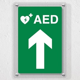 V Safety AED Arrow Up Automated External Defibrillator Acrylic Sign - 200x300mm - Emergency Health Signage, Durable, Shatterproof