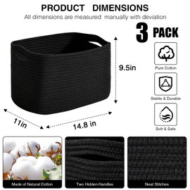 Dcerzxzci Storage Baskets for Organizing Shelves, Woven Cotton Rope Bins for Organization, Dog Toy Organizer for Shelf Living Room Bedroom, 14.8"×11"×9.5", Pack of 3, Black