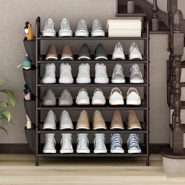 3 / 4/ 5 / 6 Tier Shoe Rack Storage Organizer Free Standing Metal Shoe Shelf Compact Shoe Organizer with Side Bag for Entryway Closet Bedroom,Bronze:_3 Tier-Black