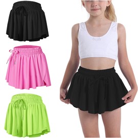 Flowy Butterfly Shorts for Girls 2-in-1 Athletic Running Skirt Shorts Cheer Tennis Dance Preppy with Spandex Liner(Black,Rose red,Neongreen,M)