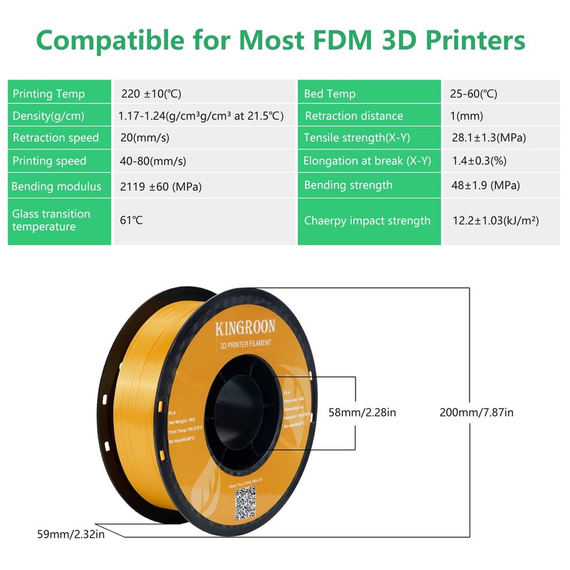 Kingroon Kingroon Silk PLA 3D Printer Filament, Dimensional Accuracy +/-