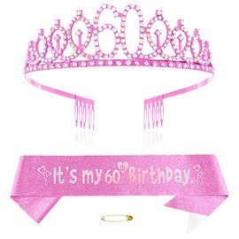 Pink 60th Birthday Crown and Sash Girls 60th Birthday Decoration Rhinestone Birthday Tiara Princess Crown Queen Tiara Birthday Sash Girls 60th Birthday Decoration Party Clothing Accessories
