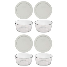 Pyrex (4 7201 4 Cup Glass Dishes & (4) 7201-PC 4 Cup Sleek Silver Lids Made in the USA